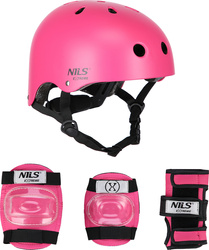 Zestaw kask z ochraniaczami na rower rolki hulajnogę Nils Extreme mr290 h230 różowy rozmiar M