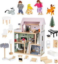 Domek do zabawy dla lalek drewniany led 62x27x77cm   3 lalki   2 zwierzątka