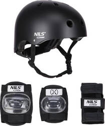 Zestaw kask z ochraniaczami na rower/rolki/hulajnogę Nils Extreme mr290+h230 czarny rozmiar M